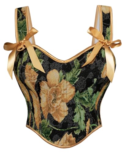SCARLET DARKNESS Renaissance Damen Corset Top Lace-up Gelb Floral Cosplay Bustier Retro Corsage Schwarz 44 von SCARLET DARKNESS