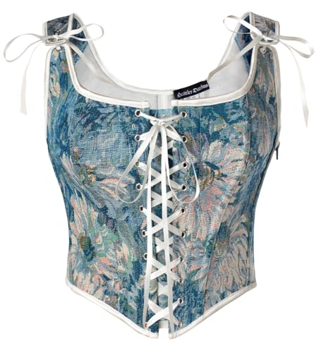 SCARLET DARKNESS Renaissance Damen Vintage Weste Elegant mit Schnürung Öse Fishbone Mittelalter Mieder Blau Blumen 38 von SCARLET DARKNESS