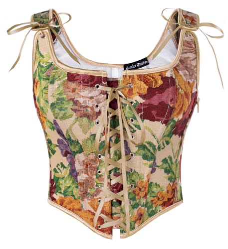 SCARLET DARKNESS Renaissance Damen Vintage Weste Elegant mit Schnürung Öse Fishbone Mittelalter Mieder Bunte Blumen 38 von SCARLET DARKNESS