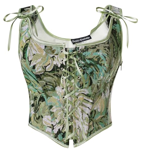 SCARLET DARKNESS Renaissance Damen Vintage Weste Elegant mit Schnürung Öse Fishbone Mittelalter Mieder Dunkelgrün Blumen 38 von SCARLET DARKNESS