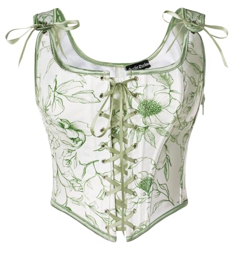 SCARLET DARKNESS Renaissance Damen Vintage Weste Elegant mit Schnürung Öse Fishbone Mittelalter Mieder Grün Weiß Blumen 38 von SCARLET DARKNESS