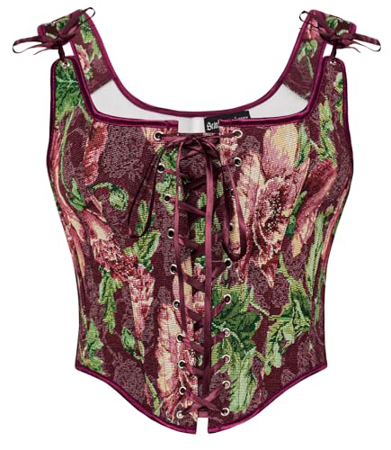 SCARLET DARKNESS Renaissance Damen Vintage Weste Elegant mit Schnürung Öse Fishbone Mittelalter Mieder Rotwein Blumen 38 von SCARLET DARKNESS