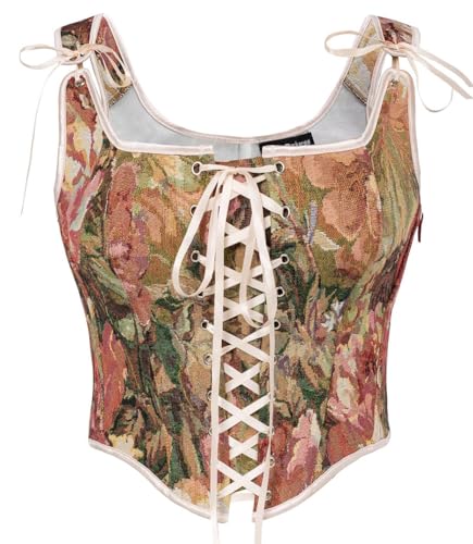 SCARLET DARKNESS Renaissance Damen Vintage Weste Elegant mit Schnürung Öse Fishbone Mittelalter Mieder Rot Rosa Blumen 38 von SCARLET DARKNESS