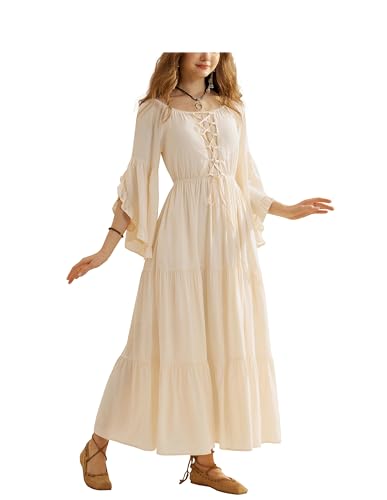 SCARLET DARKNESS Renaissance Kleid Damen Langarm Schulterfrei Lace-up Elegant Maxi Kleider Aprikose L von SCARLET DARKNESS
