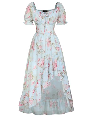 SCARLET DARKNESS Renaissance Kleid Damen Square Neck Puffärmel Unregelmäßiger Saum Boho Blumenkleid Blau Rosa M von SCARLET DARKNESS