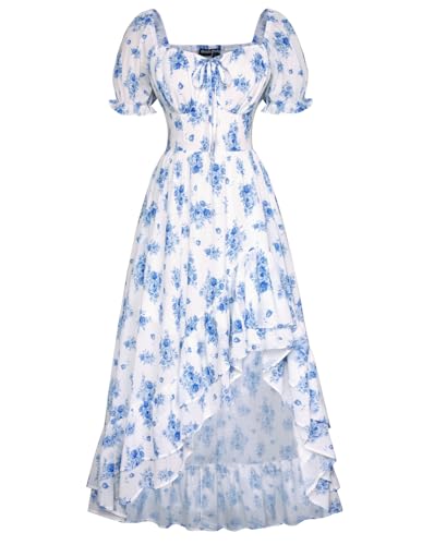 SCARLET DARKNESS Renaissance Kleid Damen Square Neck Puffärmel Unregelmäßiger Saum Boho Blumenkleid Blau Rose M von SCARLET DARKNESS
