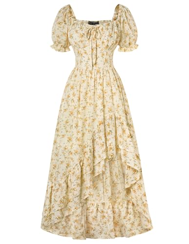 SCARLET DARKNESS Renaissance Kleid Damen Square Neck Puffärmel Unregelmäßiger Saum Boho Blumenkleid Gelb M von SCARLET DARKNESS