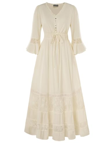 SCARLET DARKNESS Renaissance Kostüm Damen V-Ausschnitt Boho Maxi Kleid Lässig Glockenärmel Gestreifte Fairy Kleider Aprikose M von SCARLET DARKNESS