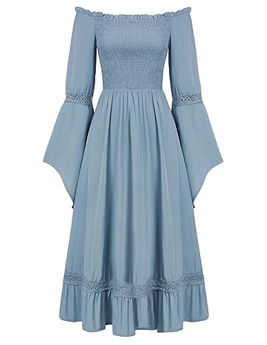 SCARLET DARKNESS Damen Renaissance Korsett Kleid Lange Glockenärmel Schulterfreies Fairy Dress Grau Blau L von SCARLET DARKNESS