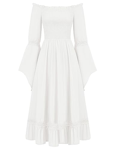 SCARLET DARKNESS Damen Renaissance Korsett Kleid Lange Glockenärmel Schulterfreies Fairy Dress Weiß L von SCARLET DARKNESS