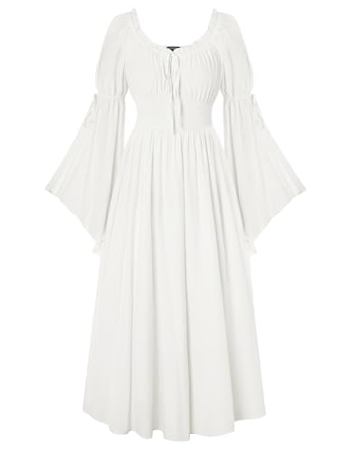 SCARLET DARKNESS Renaissance Mittelalter Damen Kleid Vintage Glockenärmliges Quadratischer Ausschnitt Kleider Weiß XXL von SCARLET DARKNESS