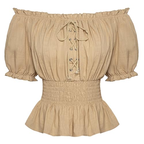 SCARLET DARKNESS Steampunk Damen Piratenhemd Cosplay Korsett Halloween Karneval Peasant Bluse Khaki XXL von SCARLET DARKNESS