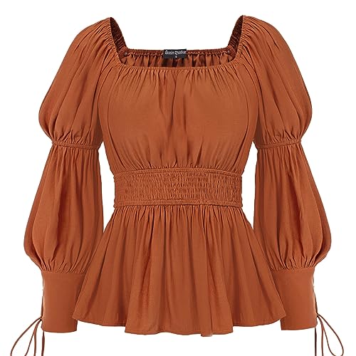 SCARLET DARKNESS Viktorianische Bluse Damen Langarm Schulterfrei One-Shoulder Mittelalter Tunika Orange S von SCARLET DARKNESS