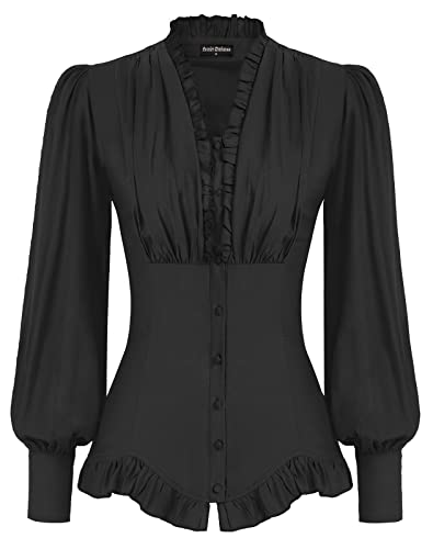 SCARLET DARKNESS Viktorianische Bluse Damen Langarm V-Ausschnitt Rüschensaum Steampunk Bluse Schwarz S von SCARLET DARKNESS