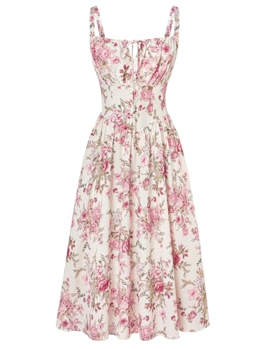 SCARLET DARKNESS Damen Viktorianische Corsagenkleid Hohe Taille mit Taschen Floral Dress Rot-Rosa Blumen S von SCARLET DARKNESS