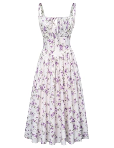 SCARLET DARKNESS Damen Viktorianische Corsagenkleid Hohe Taille mit Taschen Floral Dress Weiß-Violett Blumen S von SCARLET DARKNESS