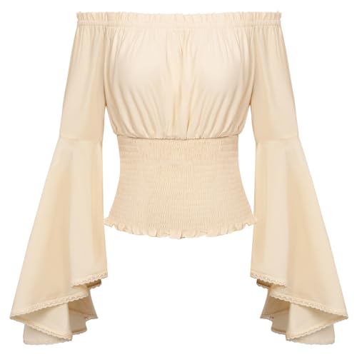 SCARLET DARKNESS Viktorianische Edwardianische Rüschenbluse Damen Rockabilly Dirndl Carmenbluse Aprikose XXL von SCARLET DARKNESS