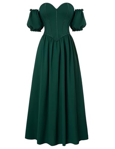 SCARLET DARKNESS Viktorianischer Kleid Damen Schulterfrei Puffärmel Herzausschintt Lang Cocktailkleid Dunkelgrün 44 von SCARLET DARKNESS