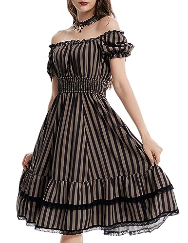 SCARLET DARKNESS Damen Gothic Kleid Midi Länge Mittelalter Steampunk Piraten Kleider, Schwarz und Braun gestreift, X-Groß von SCARLET DARKNESS