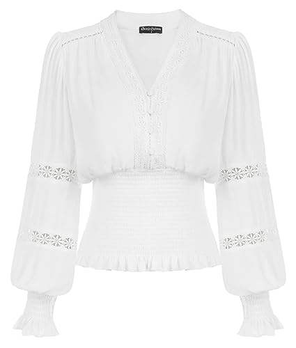 Scarlet Darkness Damen Renaissance Bauer Bluse V Ausschnitt Laterne Ärmel Spitze Gesmokte Tops, Weiss/opulenter Garten, Groß von SCARLET DARKNESS