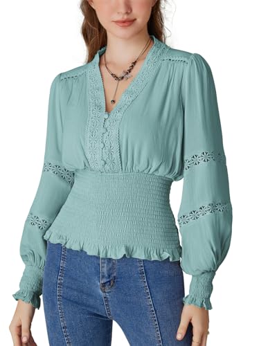 Scarlet Darkness Damen Renaissance Bauernbluse V-Ausschnitt Laternenärmel Spitze gesmoktes Oberteil, Babyblau, XX-Large von SCARLET DARKNESS