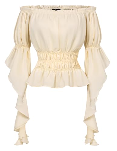 Scarlet Darkness Damen Renaissance-Hemd Rüschenärmel Schulterfrei Schößchen Bluse Bauer Dressy Top, aprikose, Klein von SCARLET DARKNESS