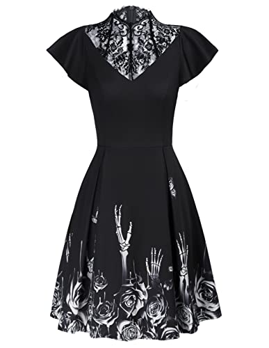 Scarlet Darkness Damen Schwarz Goth Kleider Spitze Ausschnitt Vintage Party Kleid, Schwarz-Muster 1, Groß von SCARLET DARKNESS