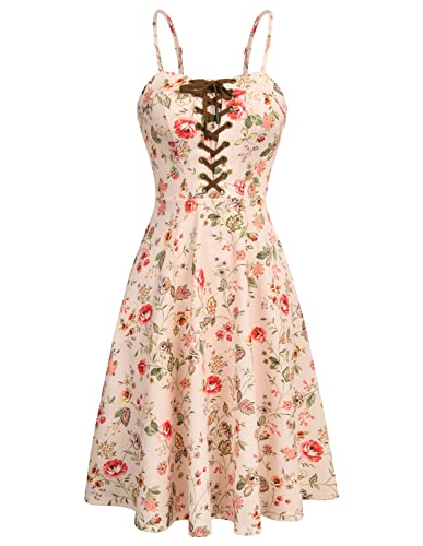 Scarlet Darkness Damen Sommerkleid Vintage Viktorianisches Midikleid mit Taschen, Beige / Rosa mit Blumenmuster, Groß von SCARLET DARKNESS