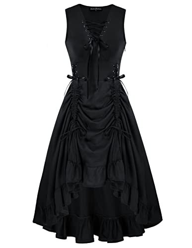 Scarlet Darkness Damen Steampunk Gothic Kleid Schnürung Rüschen Ärmellos Hoch Niedrig Kleid, Schwarz, Mittel von SCARLET DARKNESS