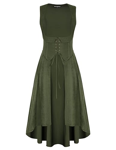 Scarlet Darkness Frauen Renaissance Kostüm Unterbrust Piraten Bauer High Low Kleid mit Taschen, Grün (Army Green), Klein von SCARLET DARKNESS