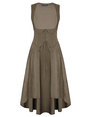 Scarlet Darkness Frauen Renaissance Kostüm Unterbrust Piraten Bauer High Low Kleid mit Taschen, Khaki, Mittel von SCARLET DARKNESS