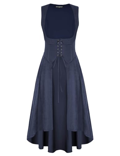 Scarlet Darkness Renaissance-Kostüm für Damen, Unterbrustkleid, Piraten-Bauernkleid, hoch niedrig, Kleid mit Taschen, Marineblau, Groß von SCARLET DARKNESS