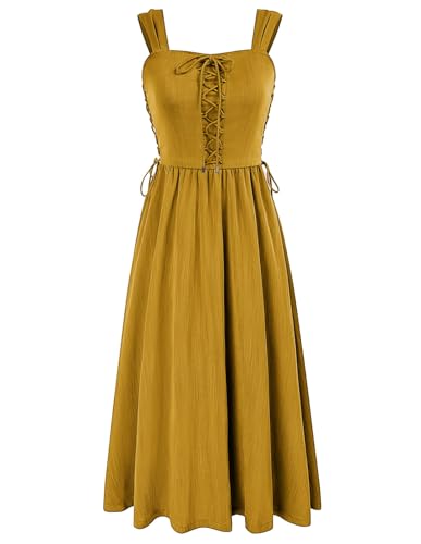 Scarlet Darkness Frauen Renaissance Sommer Midi Kleid Cottagecore Ärmelloses Sweetheart Lace Up Kleid, Kurkuma, XX-Large von SCARLET DARKNESS