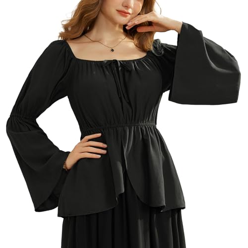 Scarlet Darkness Renaissance-Bauernblusen für Damen, Schößchen-Top, Glockenärmel, Gothic-Piraten-Shirt, Schwarz, X-Groß von SCARLET DARKNESS