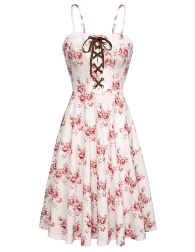 Scarlet Darkness Sommerkleid für Damen, Blumenmuster, 2024, Vintage-Sommerkleid mit Taschen, Rot/Beige, Groß von SCARLET DARKNESS