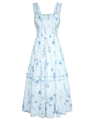 Sommer Blumenkleid Damen Spaghetti Träger Gesmokte Taille Lang Festlich Cocktailkleid Hellblau XXL von SCARLET DARKNESS