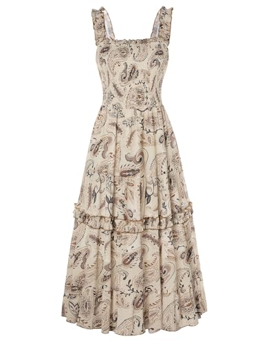 Viktorianisches Blumenkleider Damen Square Neck A-Linie Midi Elegant Casual Strandkleid Aprikose XL von SCARLET DARKNESS