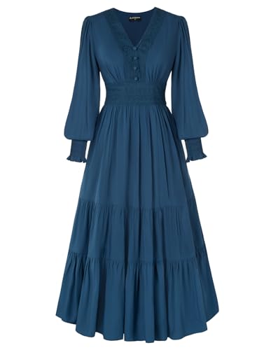 Vintage Style Damen Langes Kleid V-Ausschnitt Mittelalter Kostüm Ausgestellte Maxikleider Dunkelblau S von SCARLET DARKNESS