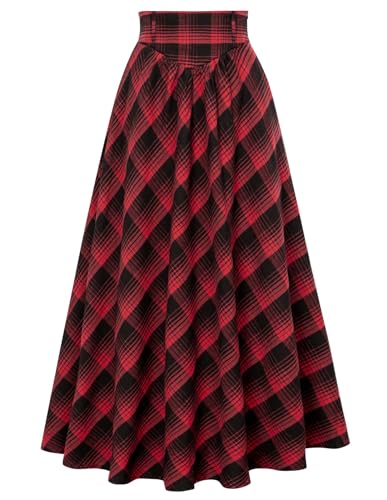 Damen Mittelalter Cottagecore Dress Rockabilly Flowy Swing mit Taschen Plaid Skirt Rot Schwarz Plaid S von SCARLET DARKNESS