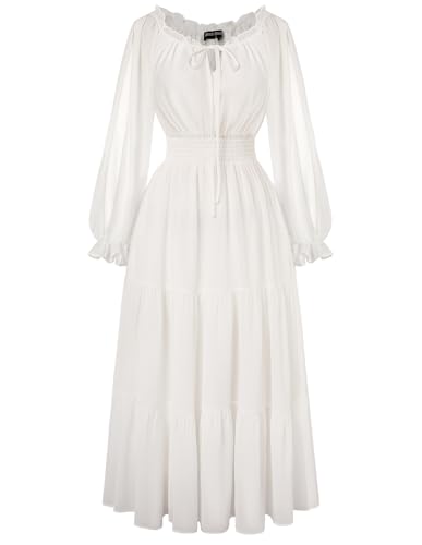 Damen Renaissance Maxi Kleider Off Shoulder A-A-Linie Hohe Taille Festlicher Kleider Weiß M von SCARLET DARKNESS