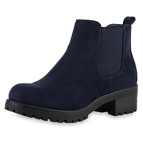 SCARPE VITA Bequeme Damen Chelsea Boots Profilsohle Stiefeletten Blockabsatz 149654 Dunkelblau Velour 36 von SCARPE VITA