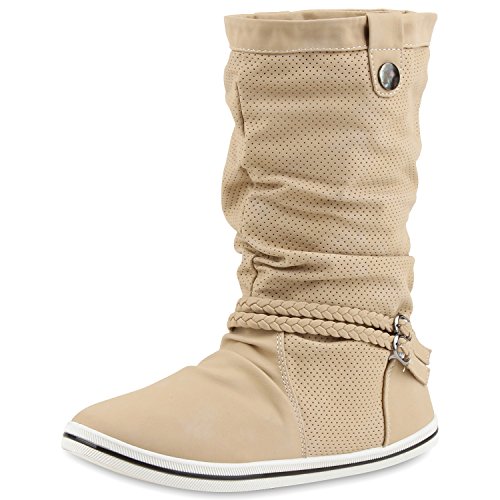 SCARPE VITA Bequeme Damen Stiefel Flache Schlupfstiefel Boots 160427 Beige Schnallen Leicht Gefüttert 37 von SCARPE VITA