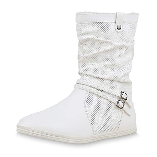 SCARPE VITA Bequeme Damen Stiefel Flache Schlupfstiefel Boots 160429 Weiss Schnallen Leicht Gefüttert 39 von SCARPE VITA