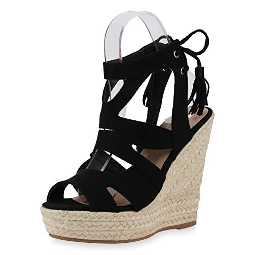 SCARPE VITA Damen Bast Keilsandaletten Quasten Cut-Outs Sommer-Sandaletten Wedges Sommer-Schuhe Wildleder-Optik 196381 Schwarz Black Bast 38 von SCARPE VITA