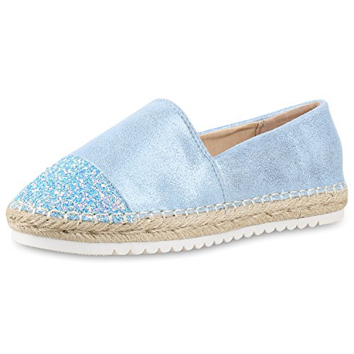 SCARPE VITA Damen Bast Slipper Profilsohle Espadrilles Glitzer Zehenkappe 160389 Hellblau Bast 36 von SCARPE VITA