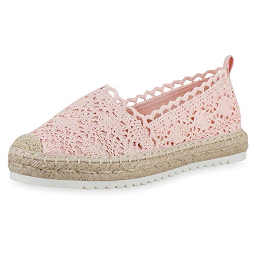SCARPE VITA Damen Bast Slipper Spitzen Espadrilles Häkeloptik Profilsohle 160362 Rosa Spitze 37 von SCARPE VITA