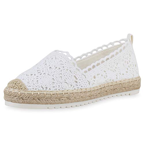 SCARPE VITA Damen Bast Slipper Spitzen Espadrilles Häkeloptik Profilsohle 160364 Weiss Spitze Total 36 von SCARPE VITA