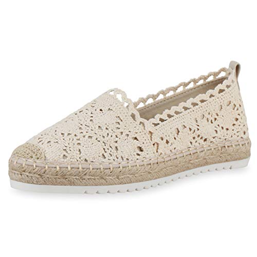 SCARPE VITA Damen Bast Slipper Spitzen Espadrilles Häkeloptik Profilsohle 160365 Khaki Spitze 36 von SCARPE VITA