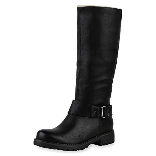 SCARPE VITA Damen Bikerstiefel Warm Gefütterte Stiefel Blockabsatz Winterschuhe Profilsohle Bequeme Schnallen Schuhe 197997 Schwarz 42 von SCARPE VITA