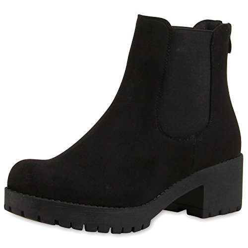 SCARPE VITA Damen Chelsea Boots Blockabsatz Plateau Stiefeletten Leder-Optik 165389 Schwarz Velours 38 von SCARPE VITA